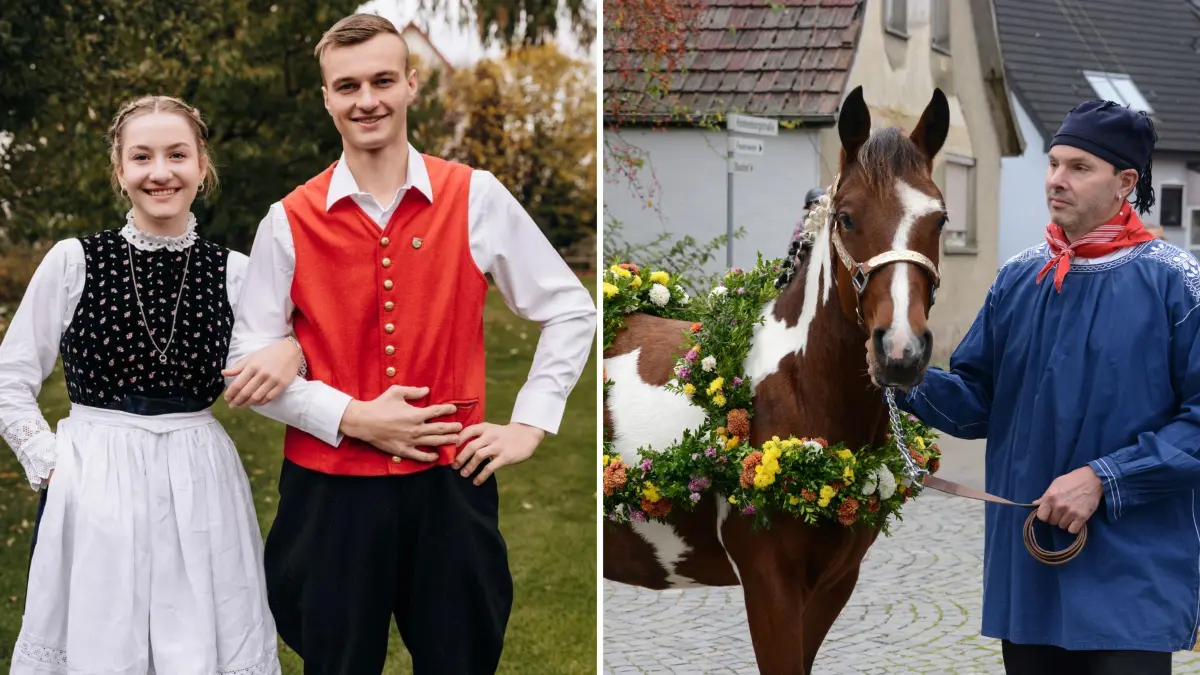 Nina Claus und Alexander Thierer sind in diesem Jahr zum zweiten Mal als Tanzpaar beim Füllestanz dabei. Ein Fohlen gehört auch immer mit dazu, hier mit seinem Füllenführer.