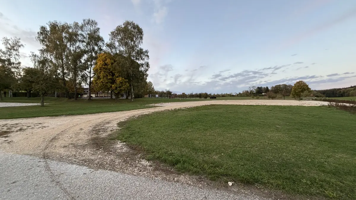 Im Bereich des Festplatzes soll die neue Grundschule entstehen. Links im Bild hinter den Bäumen ist der Hartplatz zu erahnen, rechts der landwirtschaftliche Weg, an dem die Bushaltestelle geplant wird.