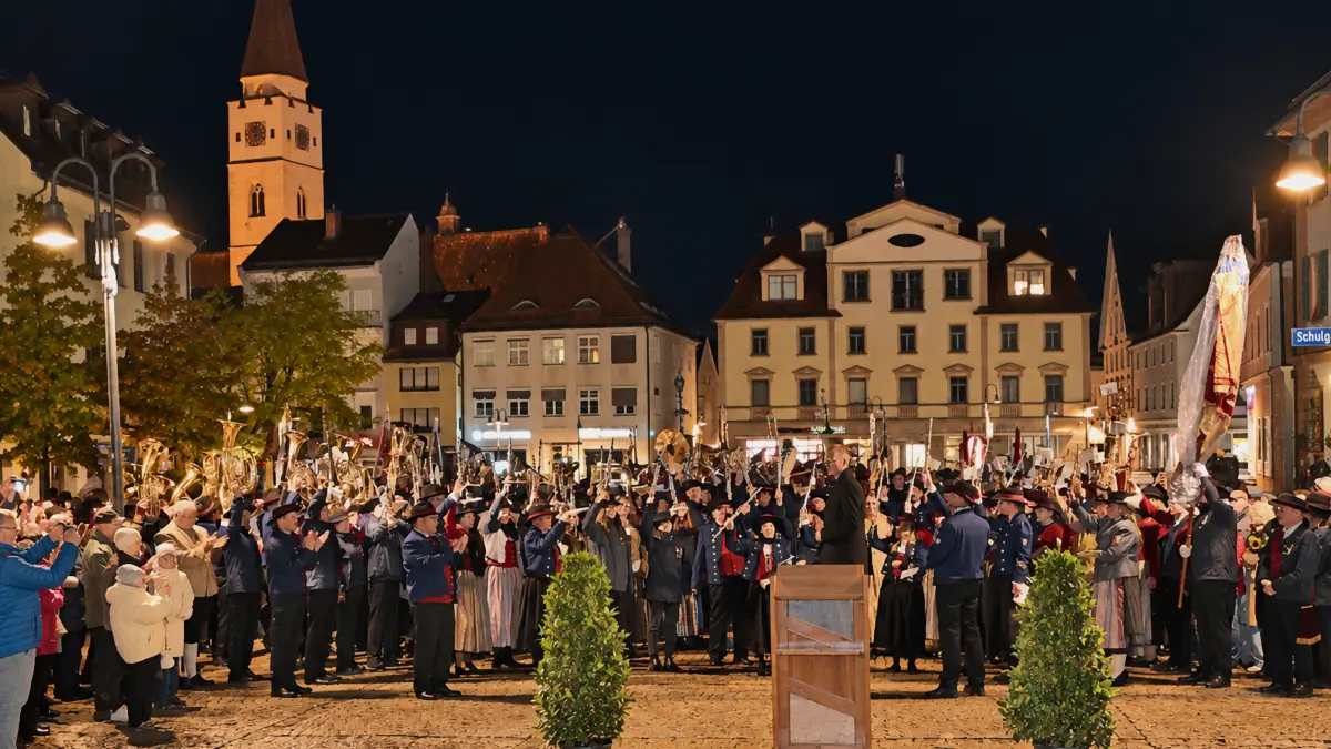 Der designierte Ehinger Oberbürgermeister Tobias Huber dirigiert am Wahlabend vor dem Rathaus mehr als 120 Musikerinnen und Musiker aus allen sieben Ehinger Musikvereinen.