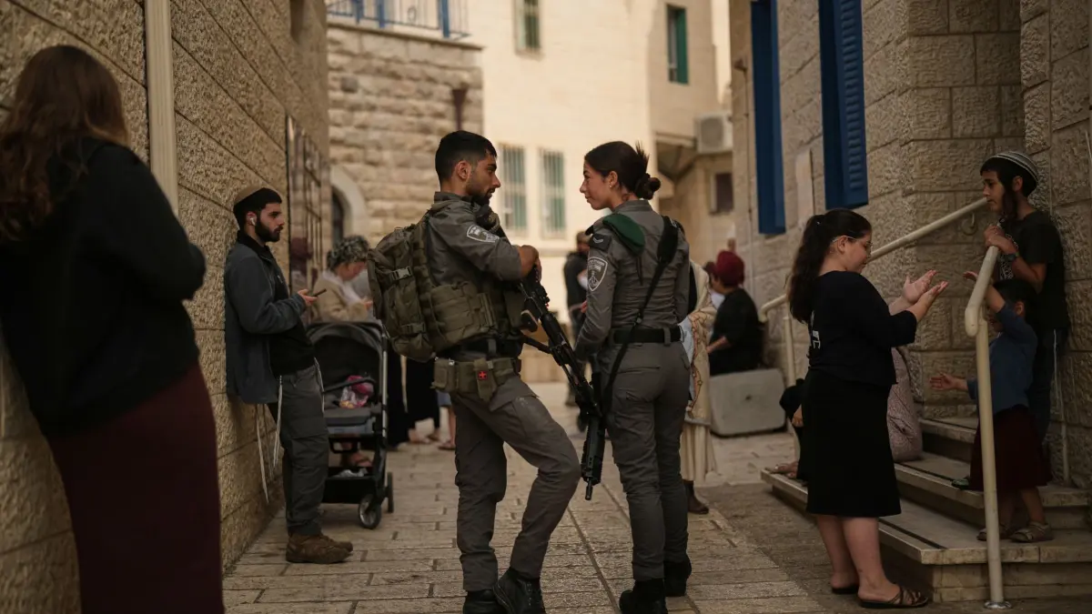 Parlamentswahl in Israel: 27.10.2026, Palästinensische Gebiete, Kiryat Arba: Israelische Siedler und Grenzpolizisten stehen während der israelischen Parlamentswahlen im Westjordanland vor einem Wahllokal Schlange, um ihre Stimme abzugeben. Foto: Leo Correa/AP/dpa +++ dpa-Bildfunk +++