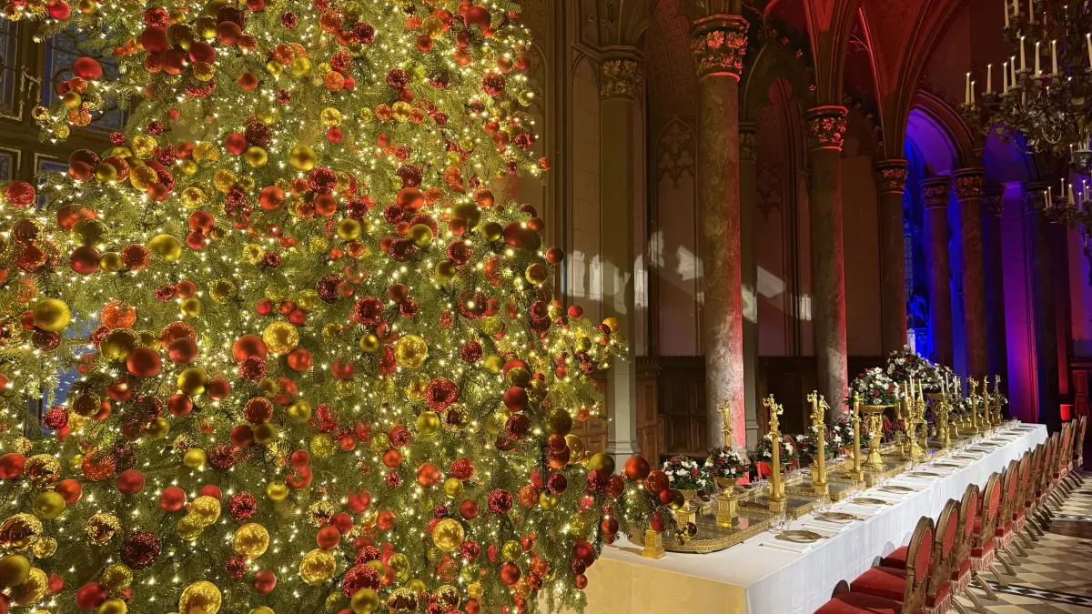 Der Grafensaal lockt mit dem Weihnachtsbaum, in dem Besucher mit den Augen die versteckten Gurken suchen können.
