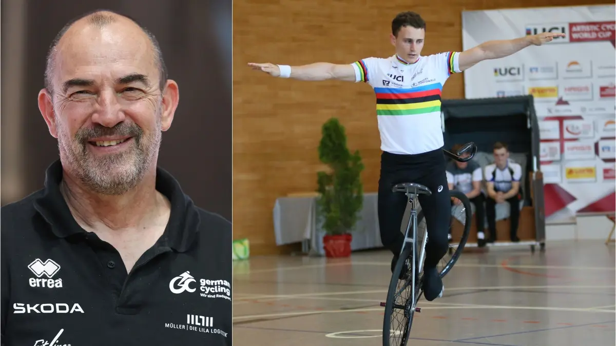 Philipp-Thies Rapp (re.) vom RSV Tailfingen will seinen Titel verteidigen und erneut Weltmeister im Einer-Kunstradfahren werden.