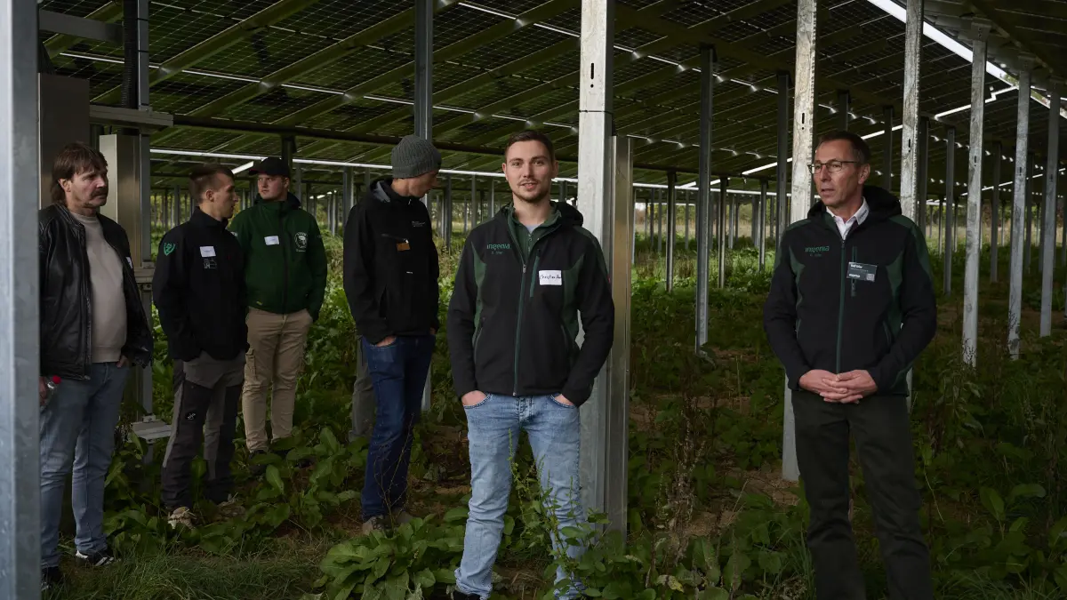 Ralf Stier (rechts mit Brille) und sein Sohn Christian Stier (Bildmitte) erklären den Landwirten und Landwirtinnen, wie eine Agri-PV-Anlage auf dem heimischen Hof installiert und genutzt wird.