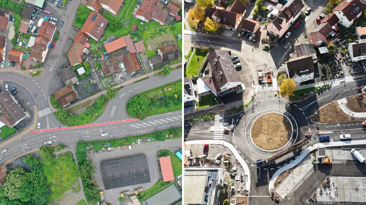 Vorher-Nachher-Vergleich am Ortsausgang von Gaildorf in Richtung Hall: Das linke Bild entstand im Juli 2021, als Kreisverkehr, Wohnareal und Edeka noch Zukunftsmusik waren und der Wertstoffhof noch an seinem alten Platz war. Das Foto rechts wurde gestern und somit kurz vor Öffnung des Kreisverkehrs aufgenommen. Zu sehen sind alle fünf Arme des Kreisels, die Einfahrt zum künftigen Edeka-Parkplatz (rechts unten) und ein Teil des Wohnareals von Laukenmann (links unten).