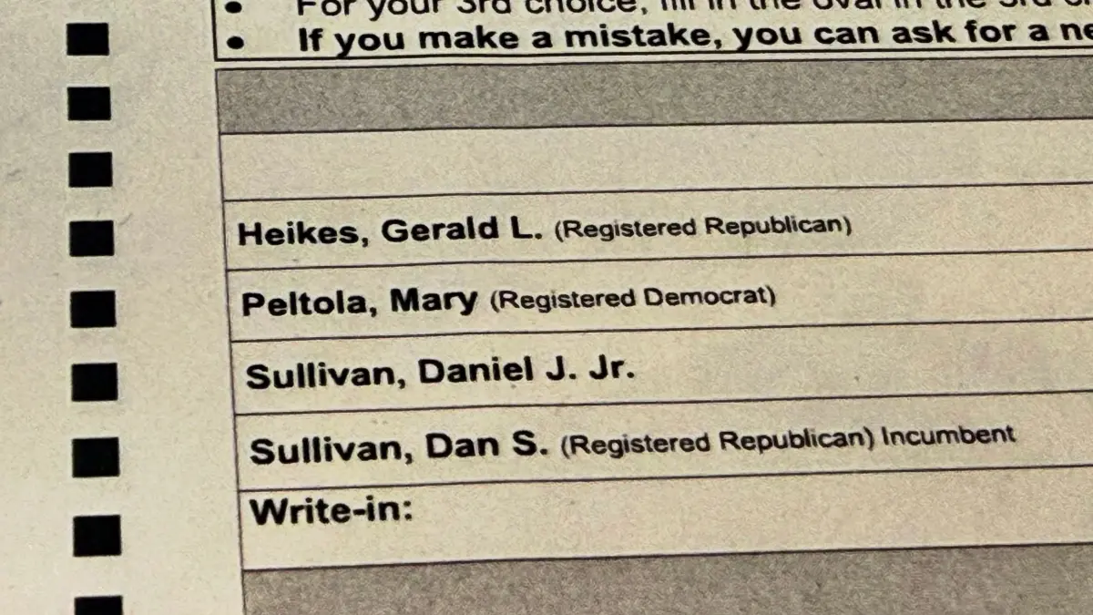 Wahlkampf USA- Alaska: ARCHIV - 23.10.2026, USA, Anchorage: Ein Musterwahlzettel für die Senatswahl in Alaska. Im umkämpften Bundesstaat Alaska konkurrieren mehrere Politiker um einen Senatsposten: Neben dem republikanischen Amtsinhaber Dan S. Sullivan und der Demokratin Mary Peltola tritt auch der ebenfalls republikanische Herausforderer Dan J. Sullivan an. (zu dpa: «Zwei Midterms-Kandidaten heißen gleich: Alaska prüft Klage») Foto: Haven Daley/AP/dpa +++ dpa-Bildfunk +++