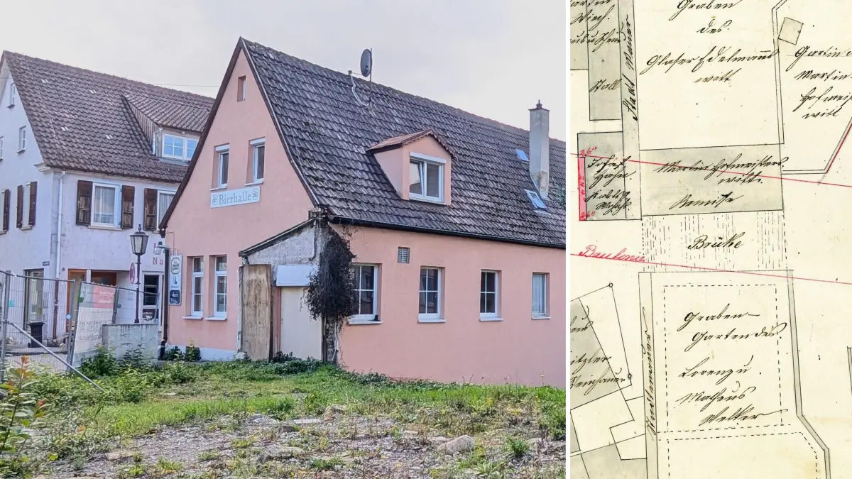 Zwischen der Bierhalle (im linken Bild rechts) und dem gegenüberliegenden Gebäude gibt es eine alte Brücke – unter der heutigen Straße. In einem Lageplan aus dem Jahr 1864 (rechts) ist sie noch eingezeichnet. Damals waren dort, wo heute das „Kapuziner“-Gebäude steht, noch Gärten.