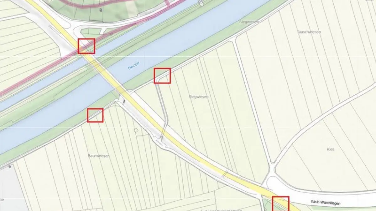 Bei der Brücke über den Neckar zwischen Tübingen und Hirschau wird in den nächsten sieben Wochehn gebaut – überall dort, wo die roten Quadrate sind. Radfahrer und Fußgänger können deshalb nicht mehr über die Brücke.
